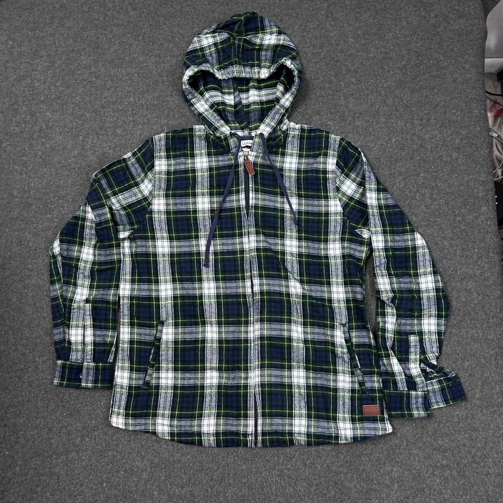 L.L.Bean Scotch Plaid Flannel Zip Hoodie Green Blue Womens M Relaxed Fit